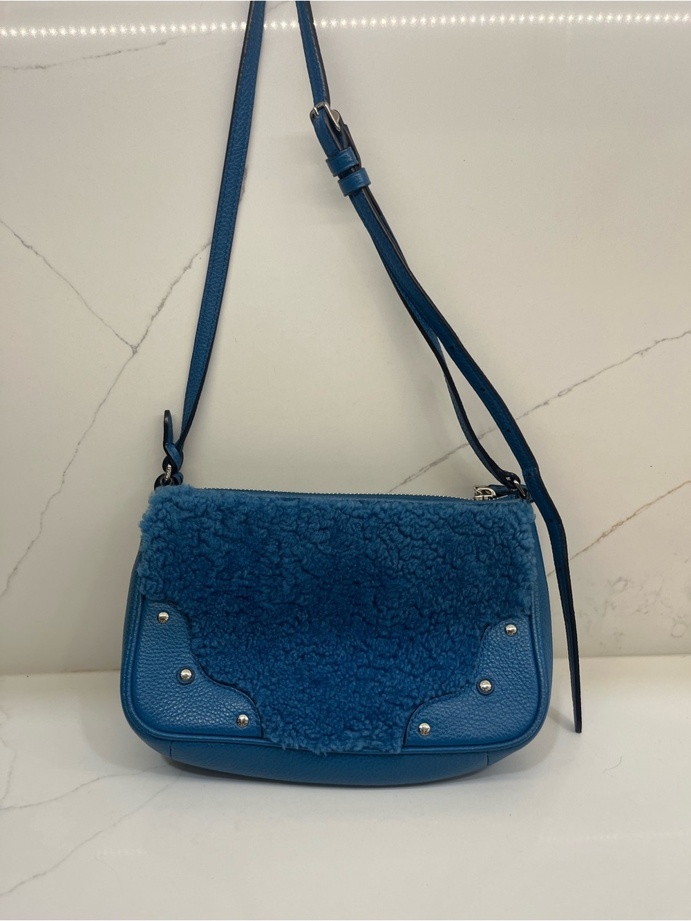 Coach Blue Shearling & Pebbled Leather Crossbody Bag - Picture 2 of 11